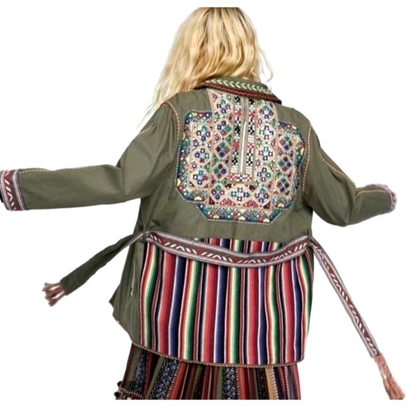 Zara Jackets & Blazers - Zara Embroidered Mirror Bead Jacket Womens XS Green Multicolor Cotton India RARE